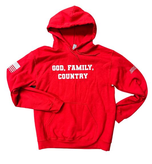 Hoodie: Red "God Family Country" Pullover (Adult Sizing)